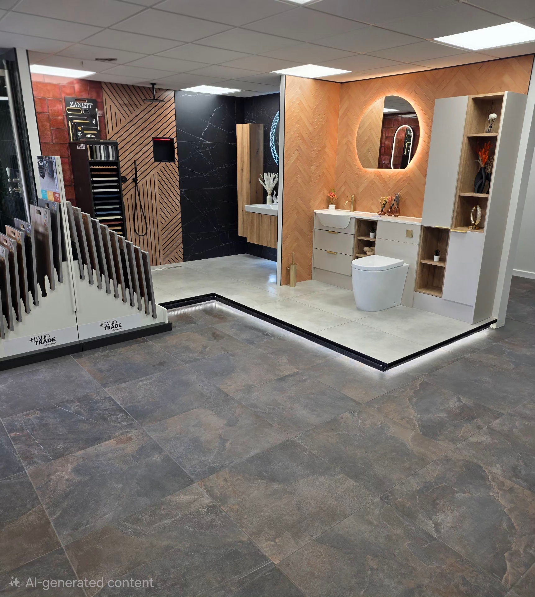 Blue Sky Tamworth showroom layout with timber herringbone feature wall, vanity units and backlit mirror