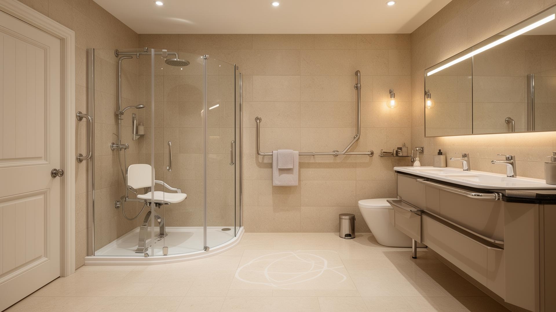 Accessible bathroom with level-access shower, support rails and spacious layout