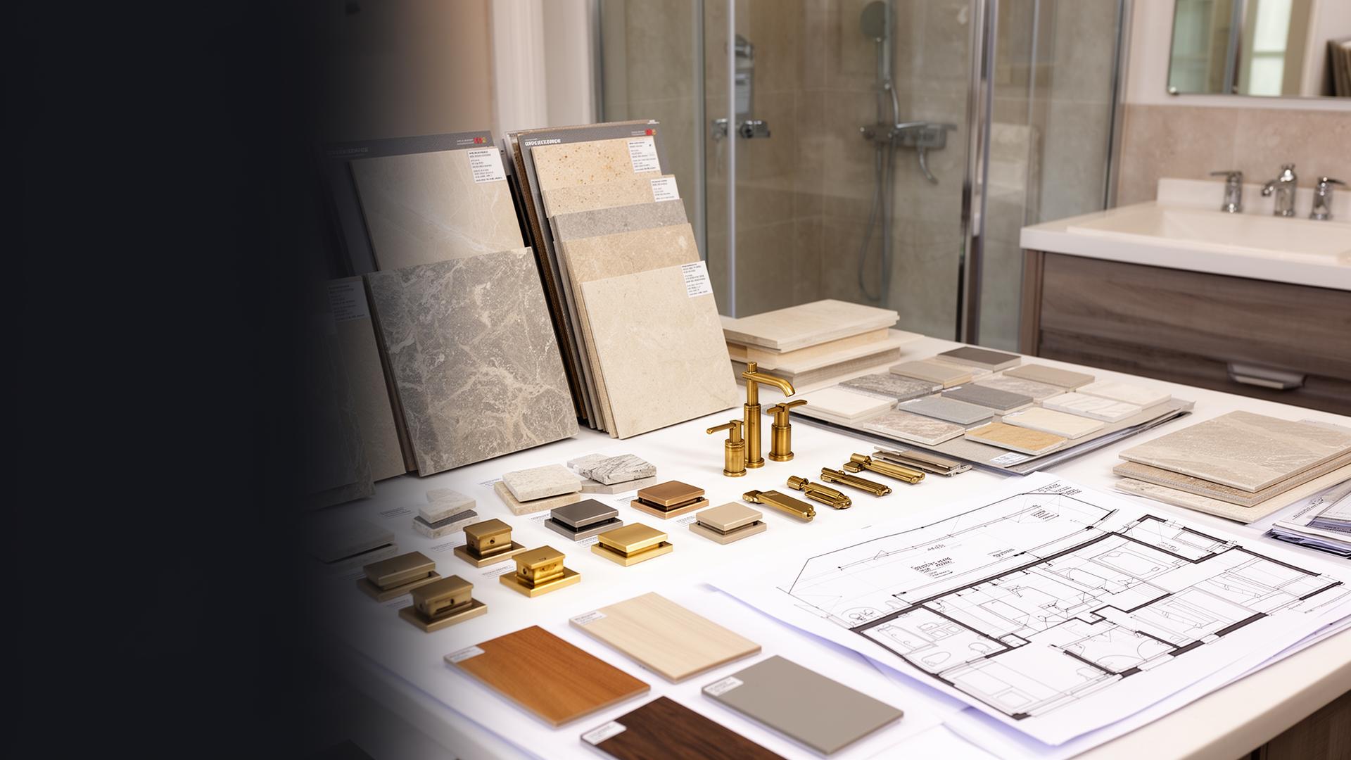 Bathroom design planning mood boards with tile samples, brassware and layout drawings