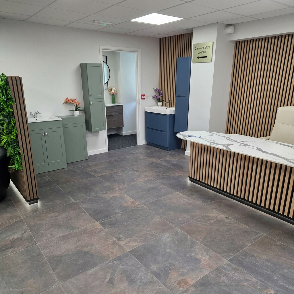 Sage-green and blue vanity units with tall storage at the Tamworth bathroom showroom