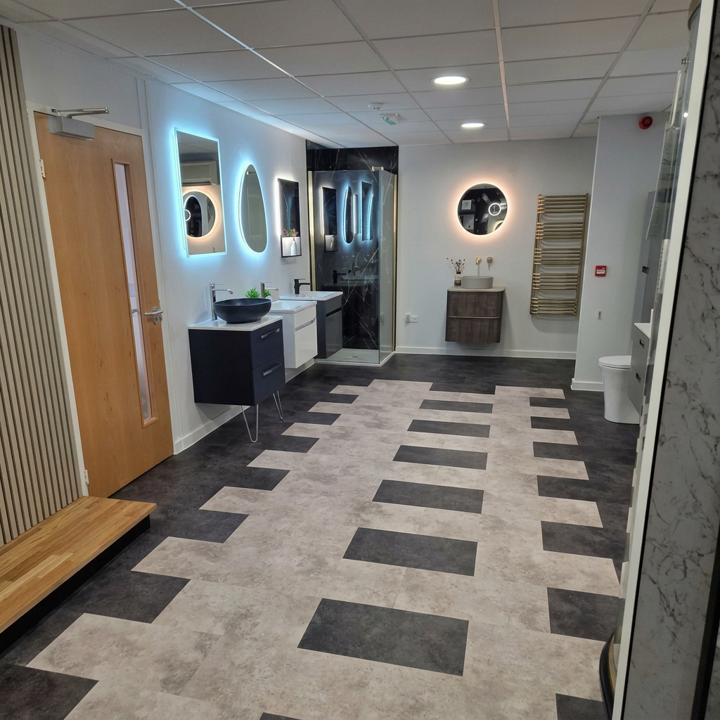 Row of vanity units with backlit mirrors, dark marble shower and brushed-gold towel rail at the Tamworth showroom